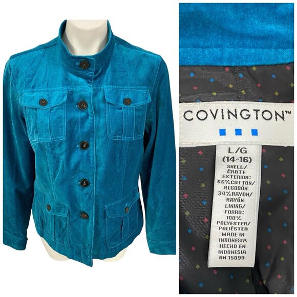 Covington Blazer Womens 14 Blue Velour Jacket Career Professional Work Office - Picture 1 of 16